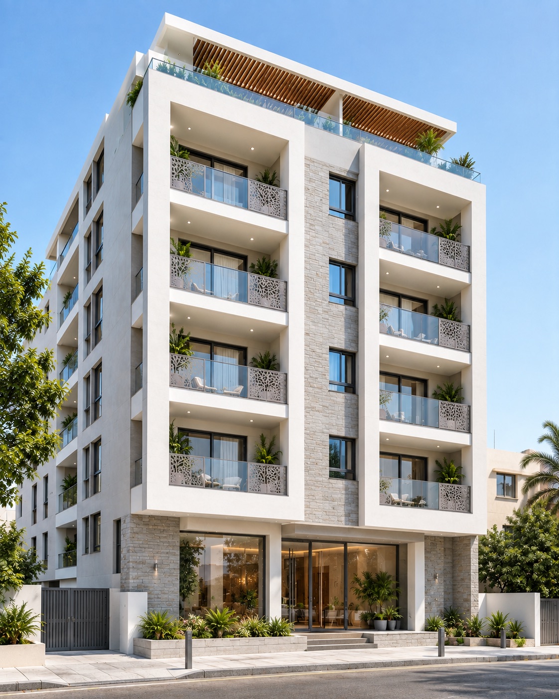 Facade contemporaine de la residence SERADI, pierre et blanc