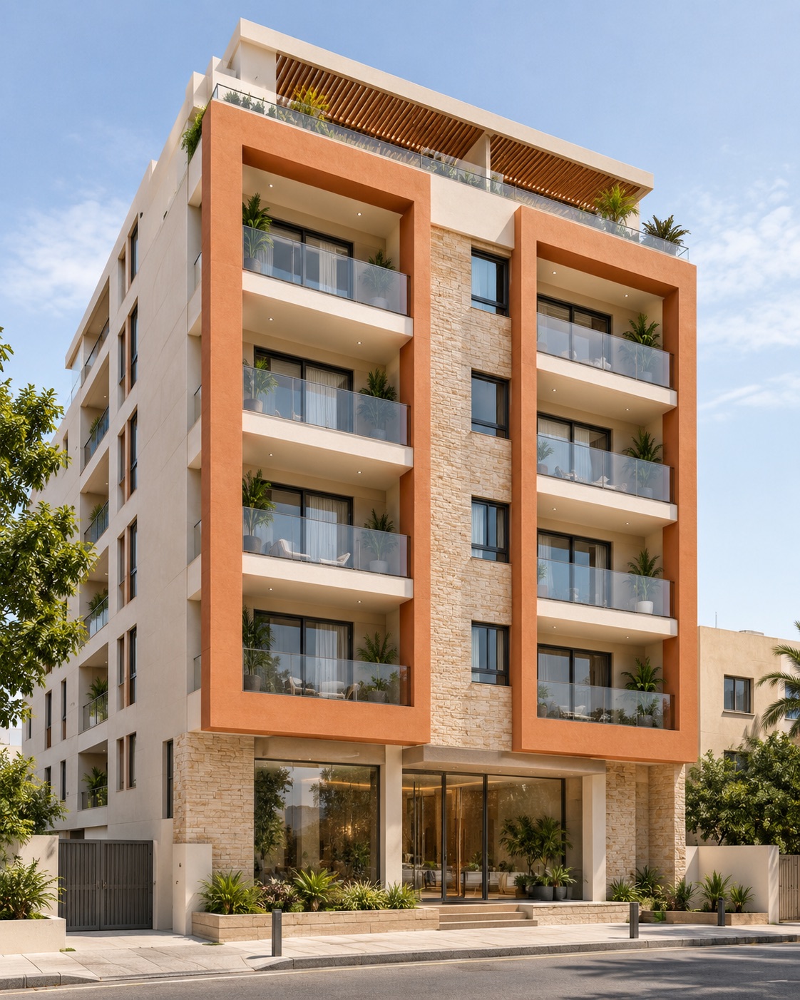 Facade principale de la residence SERADI, cadres terracotta